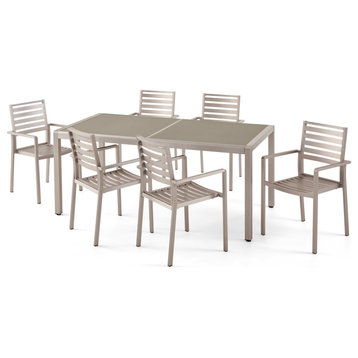 Coral Outdoor Modern 6 Seater Aluminum Dining Set With Glass Top, Gray/Silver