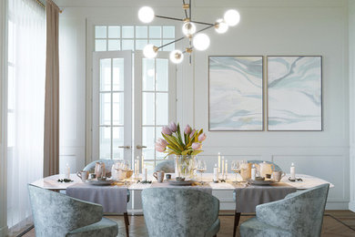 Photo of a mid-sized scandinavian dining room in Venice with white walls, medium hardwood floors and brown floor.