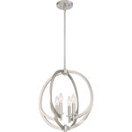 Quoizel - Orion 4-Light Pendant, Brushed Nickel - The minimal details and streamlined design make a huge impact with the Orion Collection. The planetary shape of the fixture is finished in a lustrous Brushed Nickel or Western Bronze and the crystal-clear glass candle holders accent the piece beautifully.