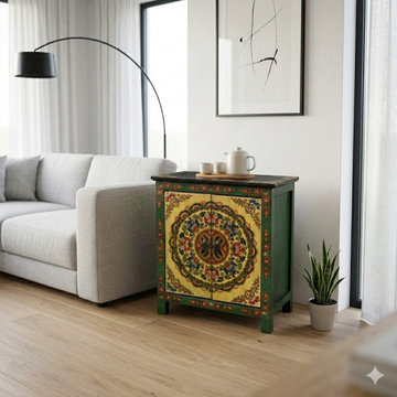 Tibetan Style Green Floral Mandala Graphic End Table Nightstand GB593