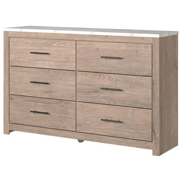 Contemporary Double Dresser, 6 Drawers With Bar Metal Handles, Light Brown/White