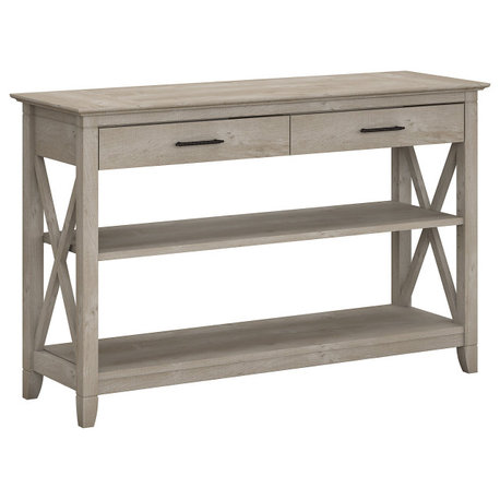 Key West Console Table With Drawers and Shelves, Washed Gray