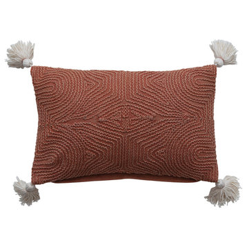 Cotton Lumbar Pillow with Embroidery and Tassels, Rust and Natural
