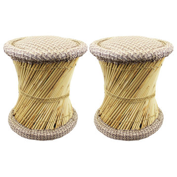 Natural Geo Moray Jute/Reed Cushioned Accent Stool, Set of 2, Light Brown