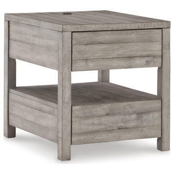 Farmhouse End Table, Square Pinewood Top With Open Compartments, Gray