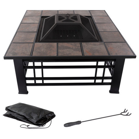 Fire Pit Set, Wood Burning Pit,  32" Square Tile Firepit by Pure Garden