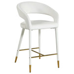 Meridian Furniture - Destiny Counter Stool, Cream, Velvet - Settle in for a meal with friends seated in this Destiny velvet stool. Soft cream velvet upholstery makes this stool a sleek and inviting option for pairing with your favorite counter table. The rounded back adds comfort to mealtime and lends the stool a chic, eye-grabbing touch, while tapered legs topped with gold tips give the stool an elegant finish.