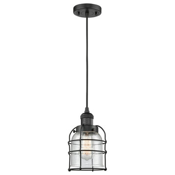 Small Bell 1-Light LED Cage Pendant, Matte Black, Glass: Seedy