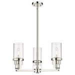 Innovations Lighting - Utopia 3 Light 8" Stem Hung Pendant, Polished Nickel, Clear Glass - Modern and geometric design elements give the Utopia Collection a striking presence. This gorgeous fixture features a sharply squared off frame, softened by a round glass holder that secures a cylindrical glass shade.