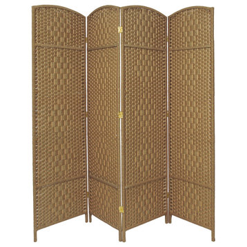 Tall Room Divider, 4 Plant Fiber Woven Panels With Diamond Pattern, Off White