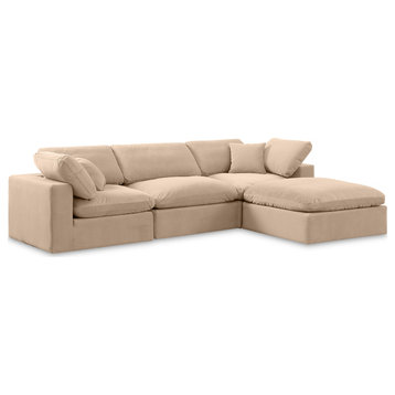 Comfy Upholstered L-Shaped Modular Sectional, Beige, 4-Piece: 1 Armless Chair, 2 Corner Chair, 1 Ottoman, Velvet