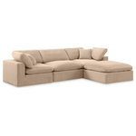 Meridian Furniture - Comfy Upholstered L-Shaped Modular Sectional, Beige, 4-Piece: 1 Armless Chair, 2 Corner Chair, 1 Ottoman, Velvet - Give your space a whole new look with this beige Comfy velvet sectional. This handsome sectional fits nicely with other items in the Comfy collection and is a versatile seating option designed for adaptability, comfort and style. Wrapped in rich beige durable velvet upholstery, this sectional offers a plush embrace of overstuffed down feather cushions, carefully crafted to deliver the highest level of comfort. The perfect seat for creating an oasis for relaxation, this sectional has thick foam surrounding its frame for added support and coziness.