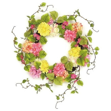 22" Pink and Yellow Mum and Wild Blossom Floral Wreath, Unlit