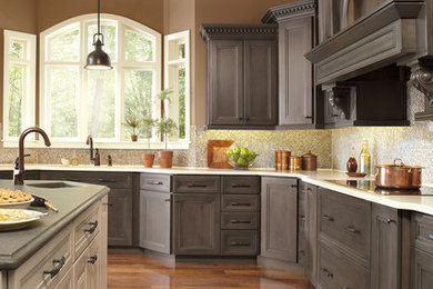 Elegant kitchen photo in Other with recessed-panel cabinets, gray cabinets, multicolored backsplash and white countertops