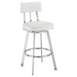 Armen Living - Jinab Swivel Counter Stool, Brushed Stainless Steel With Faux Leather, White - The Jinab bar or counter stool collection has multiple color and finish variations to fit your design theme. The metal and faux leather construction creates a durable and easily maintained solution to your everyday needs. This bar stool is ideal for your kitchen island, pub table, home bar, or adjustable desk. Use universally in your home from your kitchen to your home office and allow its versatility to shine. This metal bar stool is upholstered in faux leather upholstery. Faux leather does not crack easily and is stain resistant, does not fade easily and is also UV resistant. The wonderful full 360-degree swivel function allows for maximum mobility. The smooth glide swivel function allows you to change directions with ease, making this your new favorite seat in your home. This swivel bar or counter stool easily incorporates into any home and is available in your choice of black metal with black, or grey faux leather upholstery, brushed stainless steel with black, grey, or white, faux leather, or brown metal with chocolate faux leather upholstery. All options of the Jinab counter or barstool come in your choice of 26-inch or 30-inch seat height.