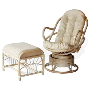 Java Swivel Rocking Rattan Wicker Chair w/Cream Cushion w/Ottoman, White Wash