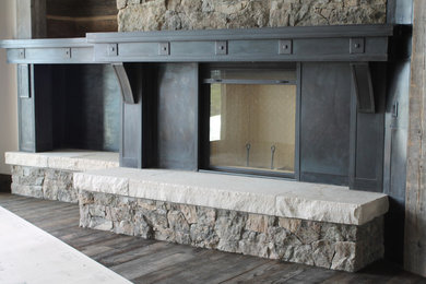 Living room - mid-sized craftsman dark wood floor living room idea in Denver with beige walls and a ribbon fireplace