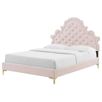 Tufted Platform Bed Frame, Full Size, Velvet, Pink, Modern Contemporary, Bedroom
