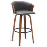 Armen Living - Diana 26" Swivel Walnut Wood Counter Stool, Gray Faux Leather, 30 - Elevate any corner with the chic style and linger-worthy comfort of our Diana Upholstered Swivel Bar or Counter Stool. The stylish bar stool utilizes bentwood construction to sculpt a stunning barrel back to envelope you in comfort. Its graceful curves are complemented by bentwood legs and a metal ring that acts as a footrest for added comfort and functionality. Finished off with a padded seat and stunning tufting detail on the back, our counter stool allows you to enjoy meals and conversations at a bar or high-dining table with style and comfort. It is available in both faux leather and fabric upholstery to provide an easy-care material for your home. This wood bar stool features a modern and versatile design ideal for your kitchen island, pub table, home bar, or adjustable desk. With durable and sturdy construction, our bar stool can be used anywhere from a kitchen to a home office. It is fitted with a wonderful 360-degree swivel function with a smooth gliding system, allowing you to change direction and follow conversations with ultimate ease. The Diana swivel bar or counter stool easily incorporates into any home and is available in your choice of 26-inch or 30-inch seat height in a walnut wood finish with gray, cream, and black faux leather upholstery, and black wood finish with gray faux leather and light gray fabric upholstery.