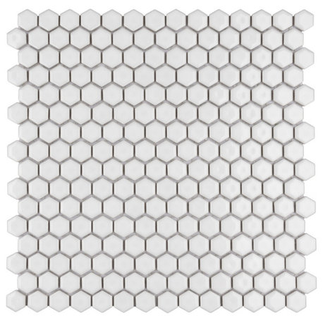 Colmena Hex Porcelain Floor and Wall Mosaic Tile, Glossy White