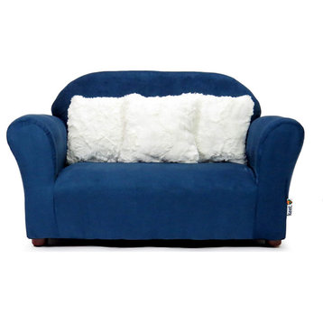 Modern Plush Childrens Sofa with Accent Pillows, Navy
