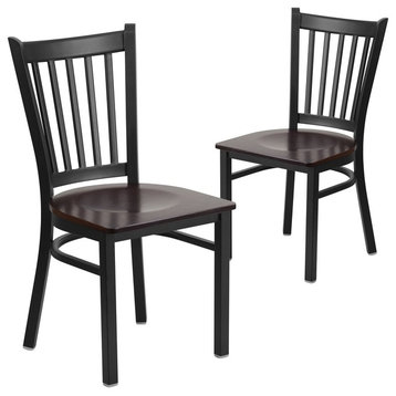 Hercules Vertical Back Metal Chairs, Black Walnut Wood Seat, Set of 2