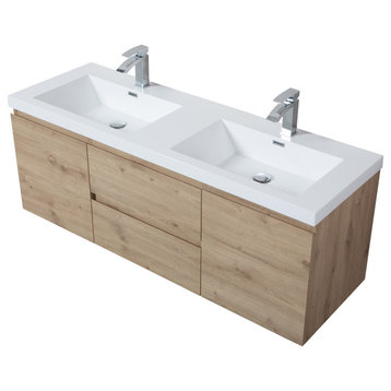 60" Wall-Mounted 2-drawer Bath Vanity Set, Integrated Double Sink, F Oak