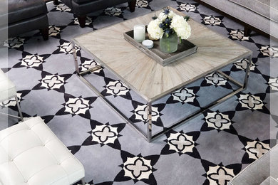 Large transitional open concept dark wood floor family room photo in Chicago