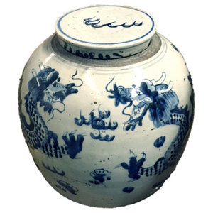 Vintage Style Blue and White Porcelain Lidded Ginger Jar Floral Motif 10" 