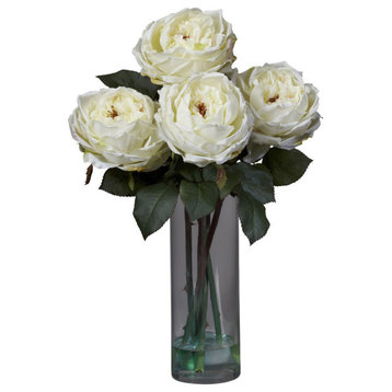Fancy Rose With Cylinder Vase Silk Flower Arrangement, White