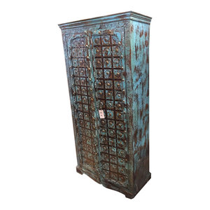 Mogul Interior - Consigned Antique Distressed Teak Wood Spanish-Style Armoire - Armoires And Wardrobes