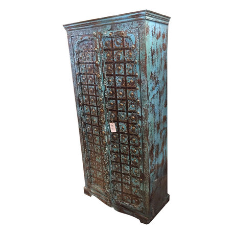 Mogul Interior - Consigned Antique Distressed Teak Wood Spanish-Style Armoire - Armoires And Wardrobes