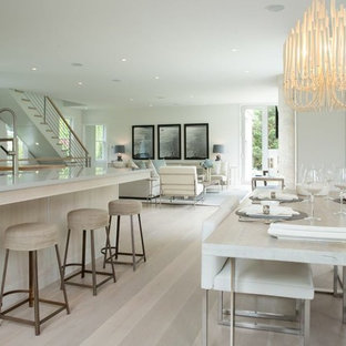 ニューヨークのコンテンポラリースタイルのLDKの画像 (白い壁、淡色無垢フローリング)