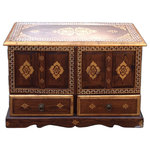 Golden Lotus - Chinese Medium Brown Golden Graphic End Table Nightstand Hcs1156 - This is a small little low cabinet with matte golden color graphic on the surface. And also a large storage room and two drawers.