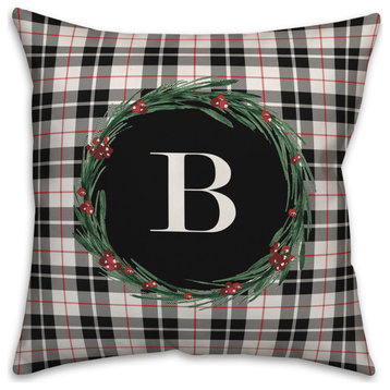Black Plaid Monogram Wreath B 18x18 Spun Poly Pillow