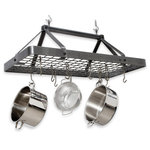 Enclume - Handcrafted Carnival Rectangle Ceiling Pot Rack w 18 Hooks Hammered Steel - Handcrafted in the USA, this Enclume Carnival Rectangle Ceiling Pot Rack is part of the Premier Collection. With a tent-like appearance created by the triangular arrangement of the top bars, the Carnival Rectangle Rack brings order and sophistication to the kitchen. Keep your big pots safe from dents and disaster under the big top of the Carnival Rack. Hand made of real Hammered Steel, it features a large rectangular design for storing pots, pans and more. The grid in the center expands the hanging space and also serves as a convenient shelf for other kitchen essentials. Constructed of superior, hot rolled, high Carbon Steel, and Enclume's Signature Hammered Steel finish with a protective clear coating to provide durability and strength for lasting value and visual appeal. Assembly Instruction and Installation hardware are provided. Mounting directly into ceiling joists or beams is recommended. Consult your handyman or local hardware store for mounting to drywall or your specific ceiling type. Includes 18 Hooks; 12 Straight and 6 Angled Multi-Purpose Pot Hooks. Real Solid Steel Frame, Professional Grade. Forged by our Skilled Craftsmen in the Pacific Northwest, USA. Assembly Required. Hardware and Installation Instructions Included. Mounting directly into ceiling joists or beams is recommended. Consult your handyman or local hardware store for mounting to drywall or your specific ceiling type.