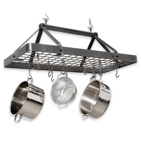 Handcrafted Carnival Rectangle Ceiling Pot Rack w 18 Hooks Hammered Steel