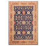 Bareens Designer Rugs - Shabby Chic Ziegler Curtis Blue Brown Hand-Knotted Wool Rug - 5'0'' x 6'10'' - Enhance the ambiance of your home with this magnificent Persian-influenced Turkish hand-knotted rug made by skilled artisans capable of creating the most exceptional vegetable dyes and hand-spun wool. This exquisite handmade rug is a one-of-a-kind Peshawar Kafkaz, otherwise identified as Chobi, Chobi Peshawar, Oushak, or Ziegler rug. These handmade rugs are crafted in Pakistan utilizing superior-quality wool imported from Australia, New Zealand, and Korea in two types of weaves: the Persian weave and the Mori weave. This rug is meticulously crafted by hand using the finest natural vegetable dyes extracted from local plants. The artisans use a blend of hand-spun local and fine merino wool, resulting in a rug with a compelling texture, higher lanolin content, and longer staple. The artisans occasionally incorporate natural or artificial silk into the pile to enhance specific motifs. The finished product is an awe-inspiring execution of flawless design and an understated palette that exudes elegance.