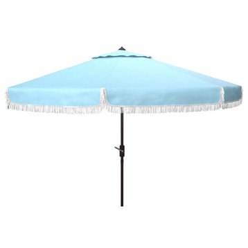 Milan Fringe 9' Crank Outdoor Push Button Tilt Umbrella Baby Blue / White
