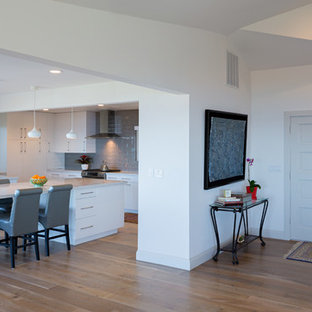 Idéer för mellanstora eklektiska ingångspartier, med vita väggar, mellanmörkt trägolv, en dubbeldörr och en grå dörr