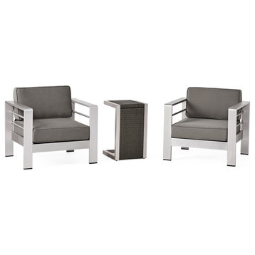 GDF Studio Coral Bay Outdoor Aluminum Club Chairs With Side Table, Gray