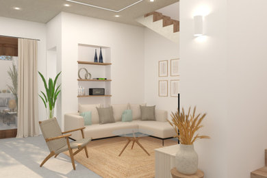 Ejemplo de salón cerrado y blanco y madera mediterráneo de tamaño medio con paredes blancas, suelo de baldosas de cerámica y televisor colgado en la pared