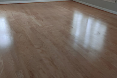 Modelo de sala de estar abierta extra grande con suelo de madera clara