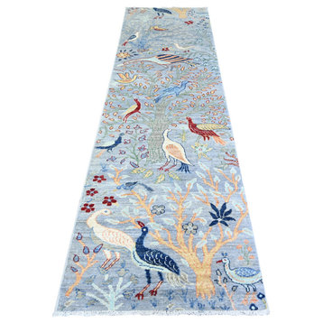 Gray Wool Afghan Peshawar Birds of Paradise Hand Knotted Runner Rug, 2'9"x9'8"