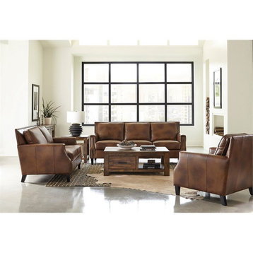 Coaster Farmhouse Upholstered Recessed Arms Leather Sofa in Brown