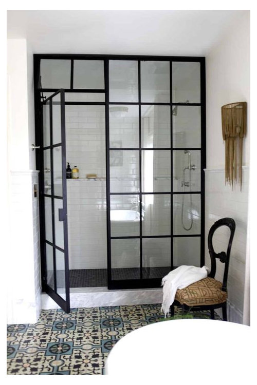 Custom black grid shower door