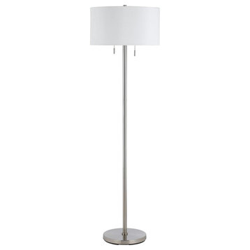Metal Body Floor Lamp With Fabric Drum Shade And Pull Chain Switch, Silver