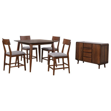 6 Piece Square Counter Height Pub Table Dining Set, Padded Fabric Seats