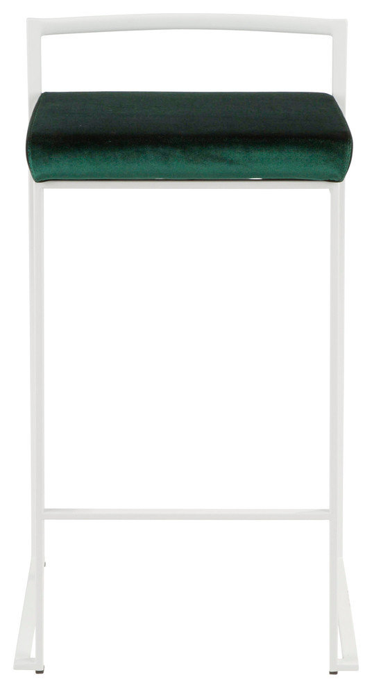 LumiSource Fuji Counter Stool Set of 2, Green Velvet Cushion, White Frame