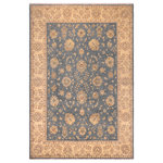 Bareens Designer Rugs - Shabby Chic Ziegler Kaylah Blue Gray Hand-Knotted Wool Rug - 8'10'' x 11'10'' - Enhance the ambiance of your home with this magnificent Persian-influenced Turkish hand-knotted rug made by skilled artisans capable of creating the most exceptional vegetable dyes and hand-spun wool. This exquisite handmade rug is a one-of-a-kind Peshawar Kafkaz, otherwise identified as Chobi, Chobi Peshawar, Oushak, or Ziegler rug. These handmade rugs are crafted in Pakistan utilizing superior-quality wool imported from Australia, New Zealand, and Korea in two types of weaves: the Persian weave and the Mori weave. This rug is meticulously crafted by hand using the finest natural vegetable dyes extracted from local plants. The artisans use a blend of hand-spun local and fine merino wool, resulting in a rug with a compelling texture, higher lanolin content, and longer staple. The artisans occasionally incorporate natural or artificial silk into the pile to enhance specific motifs. The finished product is an awe-inspiring execution of flawless design and an understated palette that exudes elegance.